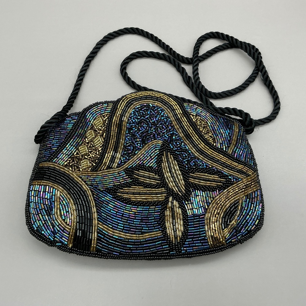 La Regale Beaded Evening Bag Womens Black Blue Gold Iridescent Art Deco Shoulder